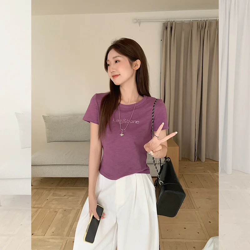 

Korean Style Purple Textured crystal Short Sleeve T-Shirt for Women 2025 New Summer Design Unique Top