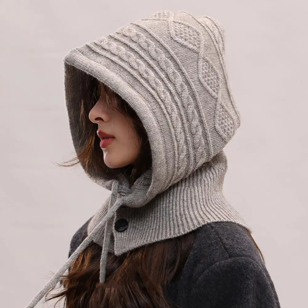 

Korean Style Knitted Drawstring Balaclava Hat One-piece Neck Collar Pullover Hat Outdoor Warm Women's Winter Hat Wholesale