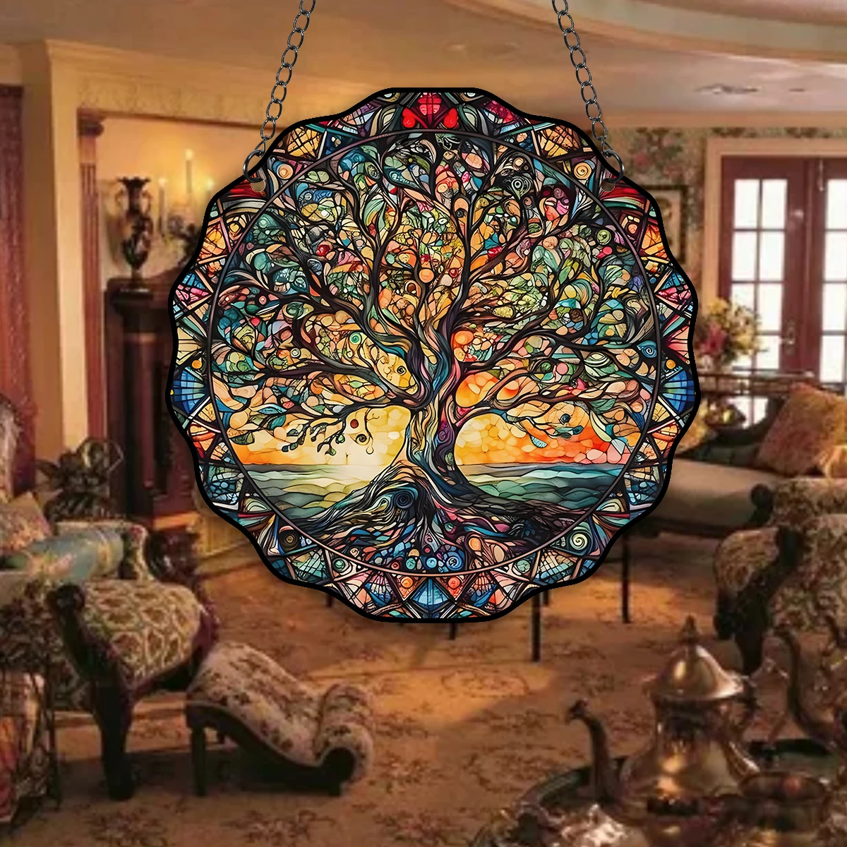 5.9inch Tree of Life Wall Art Decor Sun Hanging Sign Round Indoor Outdoor Window Acrylic Welcome Plate Pendant Decoration