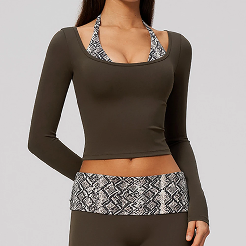 Yoga Long Sleeve Fitness shirt Top Gym Workout Women Halter Stripe Splicing Cropped Active Shirts Breathable Workout Sports Tops