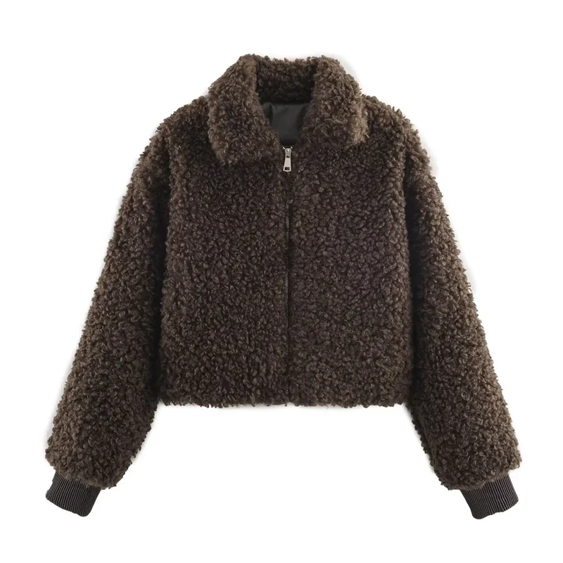 2025 NEW High-Quality Fashion Autumn Winter Women Brown Cropped Zip Front Warm Fluffy Coat Fashion Faux Teddy Jacket
