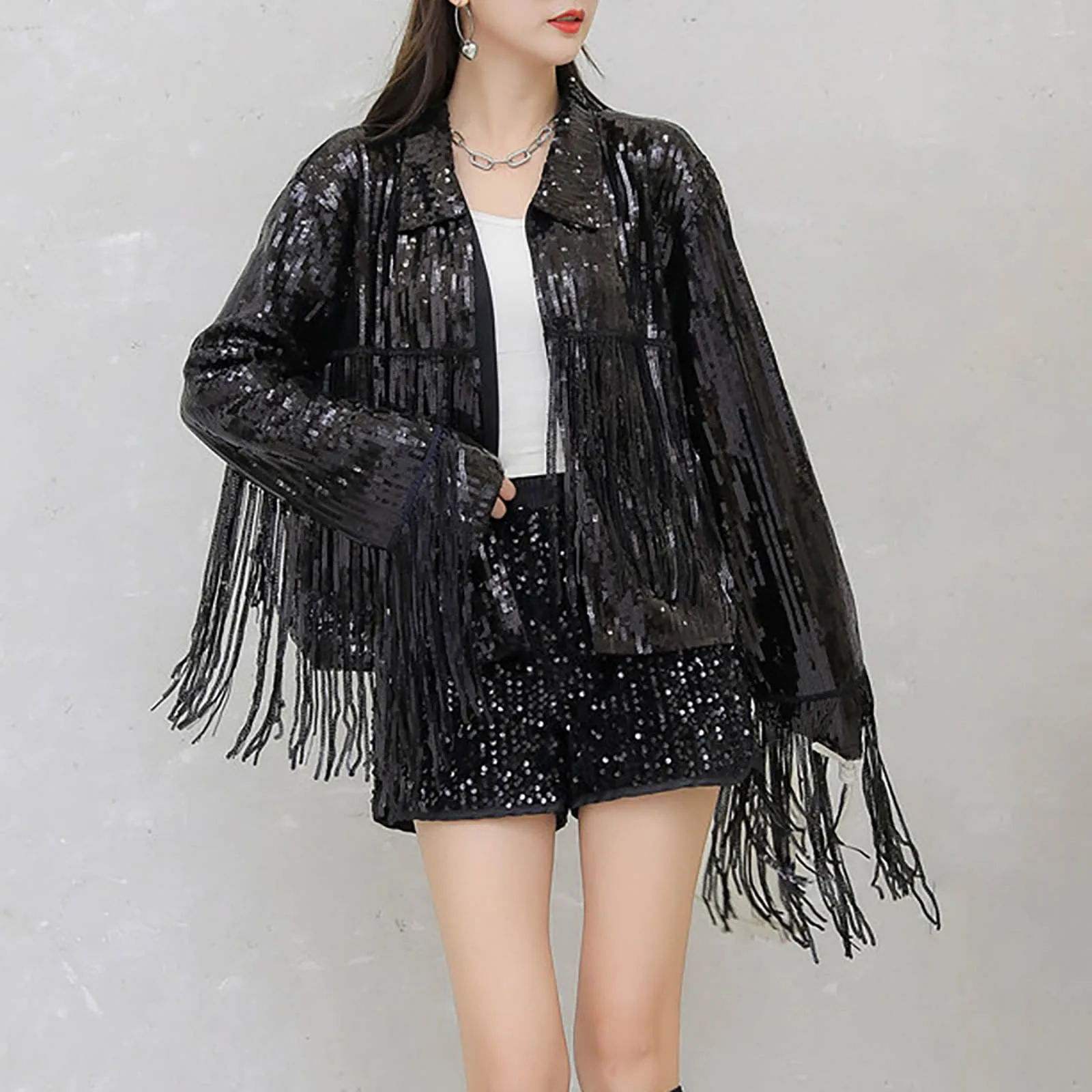 

Women Tassel Sequin Jacket 2024 Club Coat Short Type Comfy Versatile Fashion Sequins Bar Jacket Women Retro Rock Outwear Tops