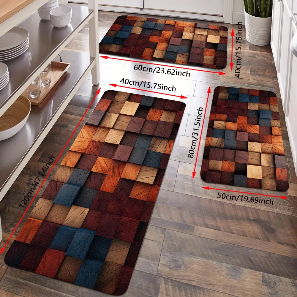 Rustic Wooden Board Kitchen Floor Rug Set 3D Vintage Wood Country Hallway Entrance Doormat Flannel Bath Mat Carpet Bathroom Deco