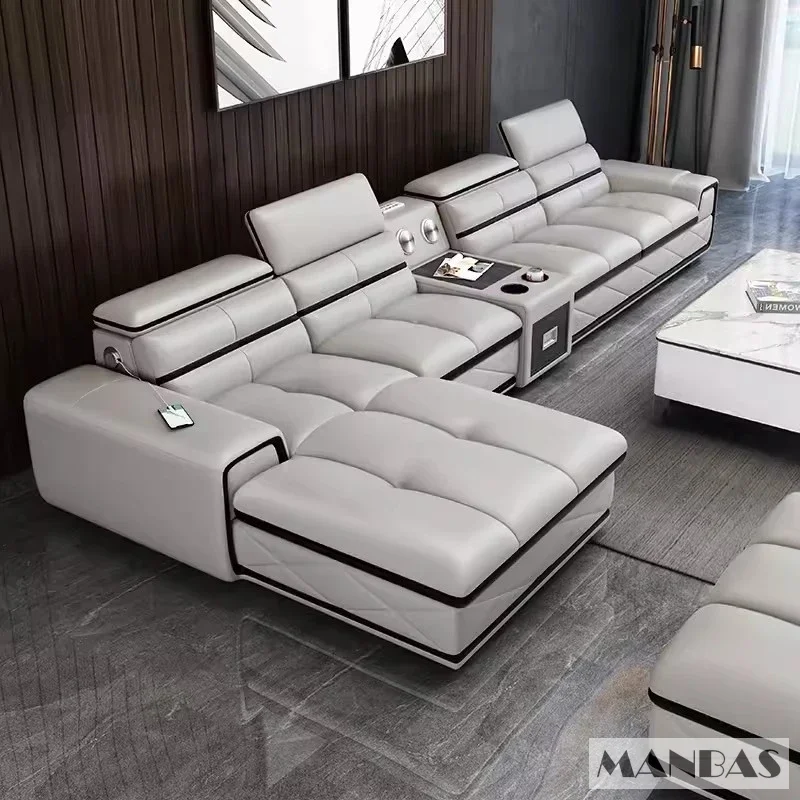 Modern Genuine Leather Sectional Sofa Sets Couch Sofas with USB Charging and Bluetooth Speaker - MANBAS Living Room Furniture