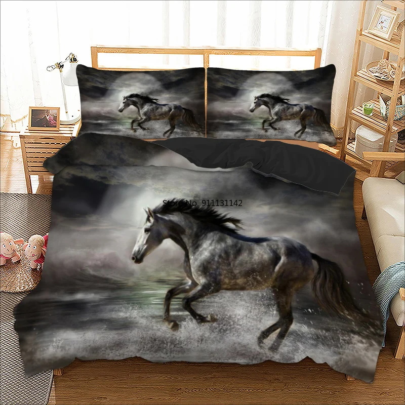 

3D Black Horse Digital Print Bedding Set Deluxe Single Double Queen King Full Size Down Bedding Cover Pillowcase