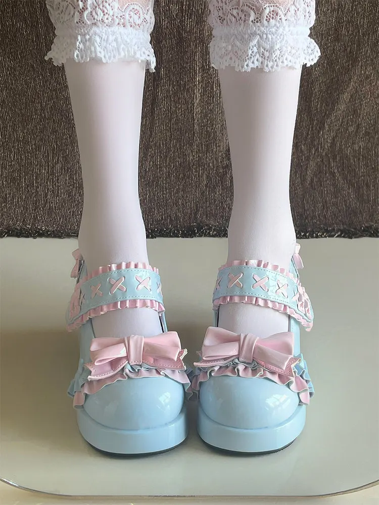 Sweet Lolita Platform Mary Jane Shoes Women Ruffle Bow X Stitch Decor Round Toe Wedge Heel Patent Leather Shoes