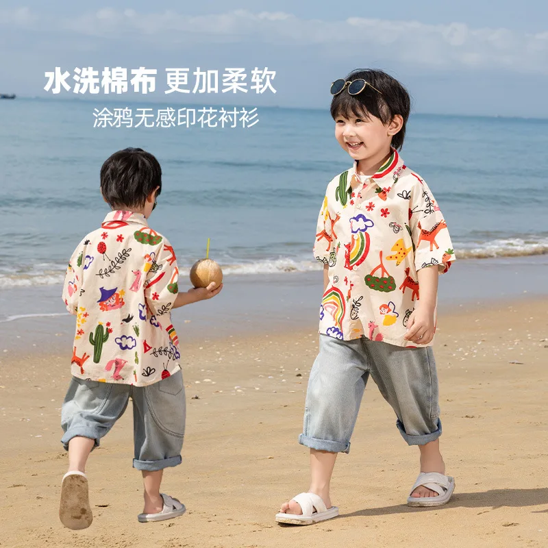

2025 summer children's clothing children's vacation wind flower shirt half sleeve boys and girls graffiti printing short sleeve