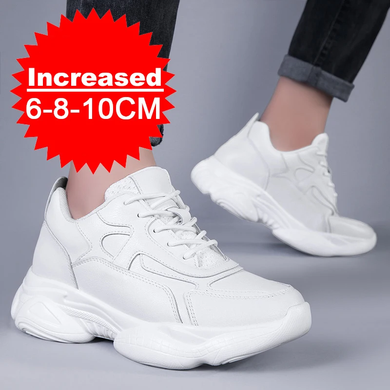 Men PU Leather Casual Sports Shoes Invisible Height Increased 8-10cm Mesh Fabric Breathable Comfortable Elevated Shoe Size 36-46