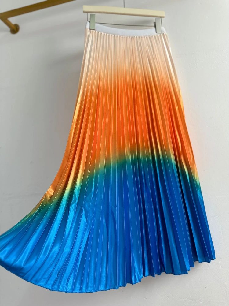 Women Rainbow Gradient Pleated Maxi Skirt, Elastic High Waist A-Line Skirt Work and Daily Wear