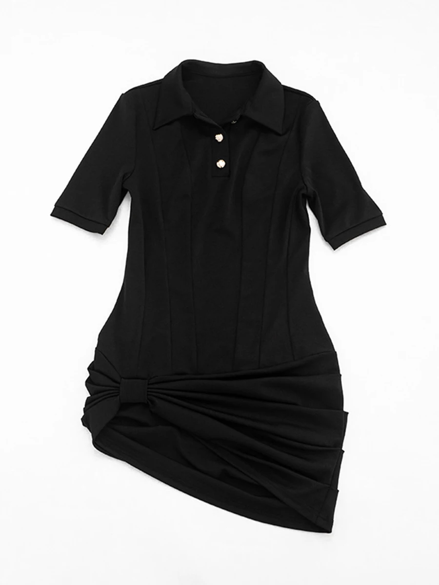 TWOTWINSTYLE Street Style Black Twist Ruched Mini Dress for Women Polo Collar Midi Sleeve Knit Bodycon Skirt for Casual Shopping view 4
