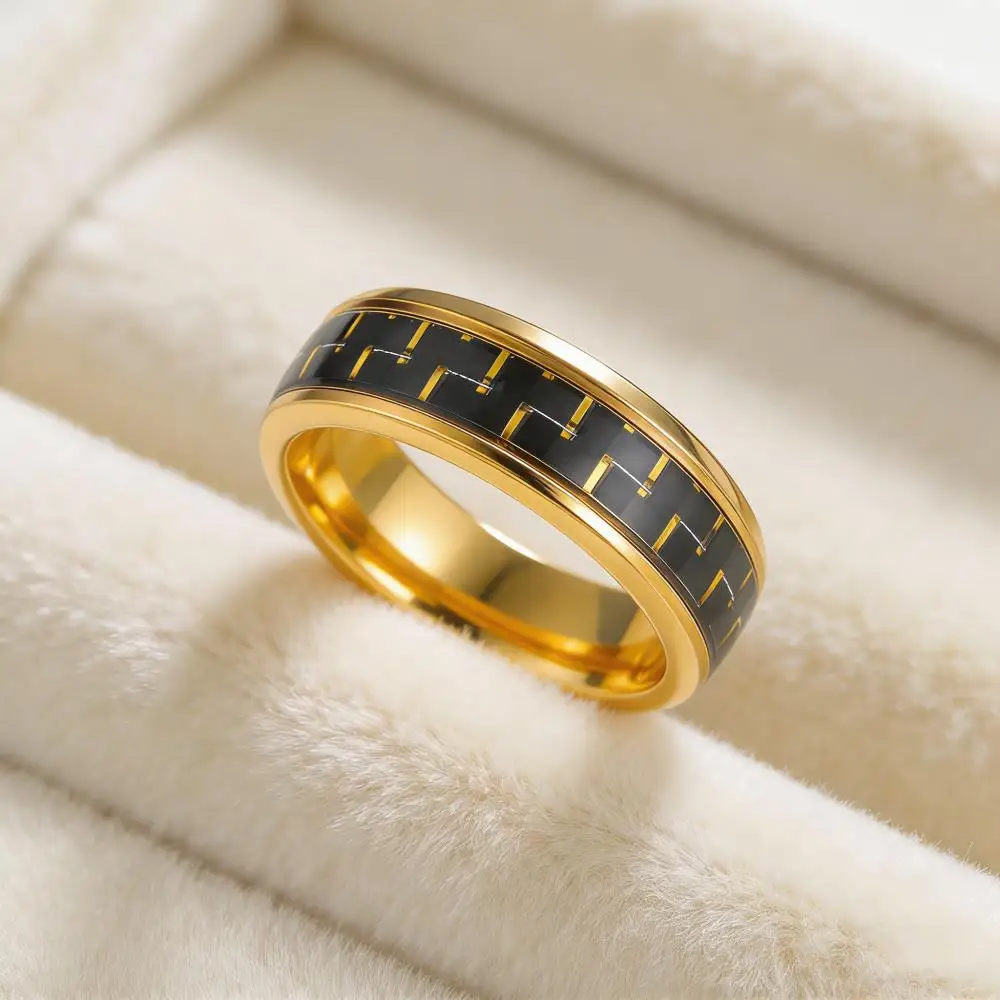 Stainless Steel Rings For Men Hip Hop Gold Color Carbon Fiber Vintage Black Wedding Bands Engagement Jewelry Boyfriend Gifts