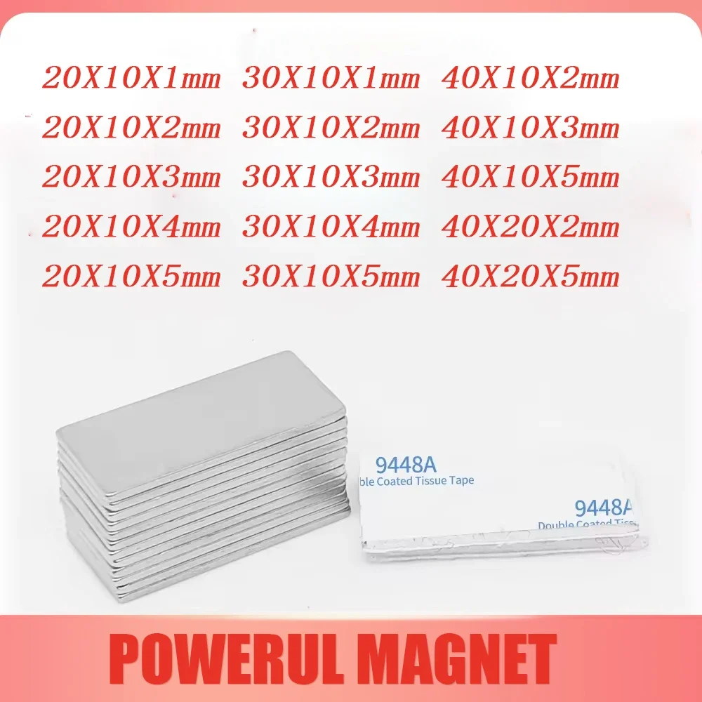 20x10x1 Rectangular Strong Neodymium Magnet Double-Sided Tape For Refrigerator, Office, DIY 20*10*2 20x10x3mm 30x10x1 30x10x2
