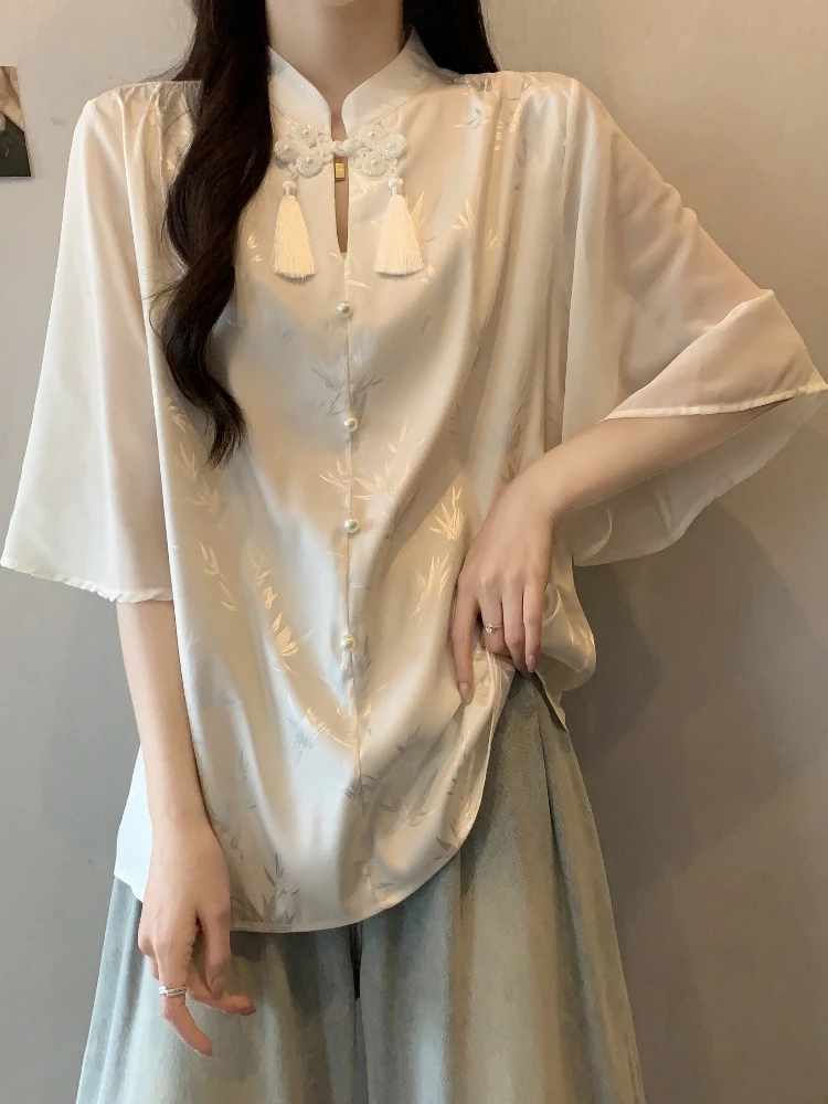 

New Chinese Style Satin Chiffon Women's Shirt Summer plus Size Slimming Design Vintage Button up Top Korean Loose Fit Blouse