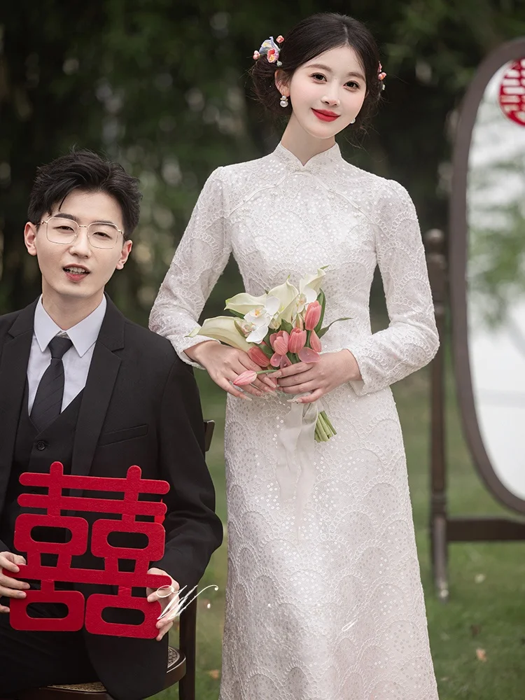 

New Chinese Sle Qipao Evening Gown Women's 2025 New Sparkling Bridal Dr Long Sve Slim Fit Wedding Dr for Engagement