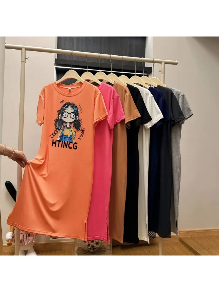 Women Cute Cartoon Girl Print T-Shirt Dress Oversized Short Sleeve Maxi Dress Casual Loose Side Split Summer Loungewear