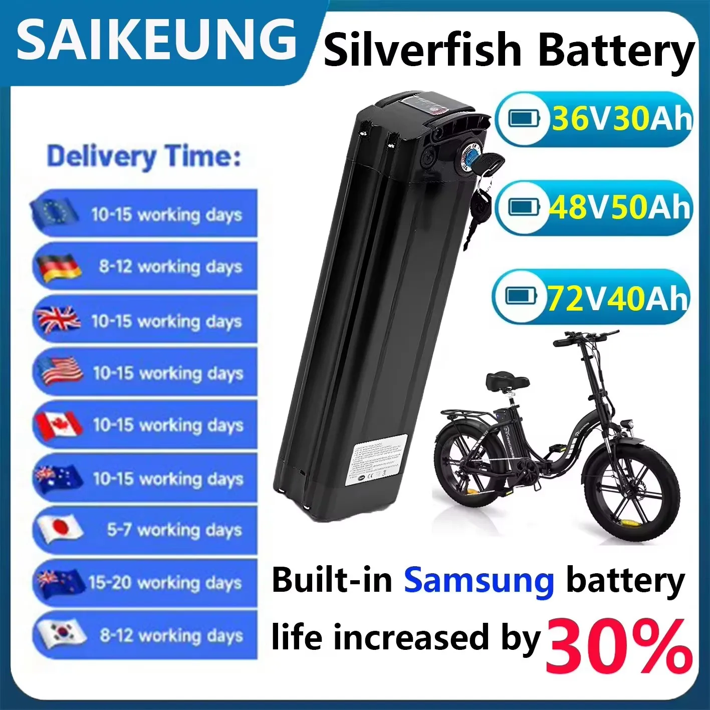 

Electric Bike SilverFish 36v52v60v72v chamrider battery 48v 45ah S26 20 24ah 28 35 30 40 50ah 60ah Battery 2000w with 5A Charger