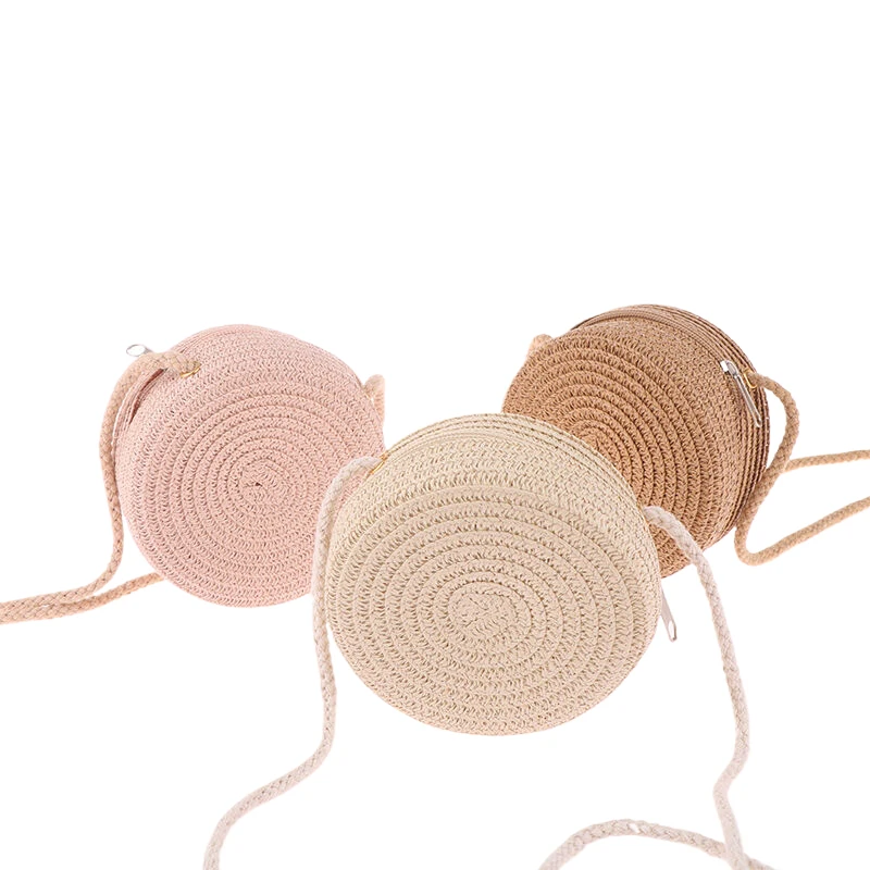 Baby Girl Fashion Casual Solid Straw borse a tracolla bambini bambini Cute Round Messenger Candy Color Small Bag zaino accessori