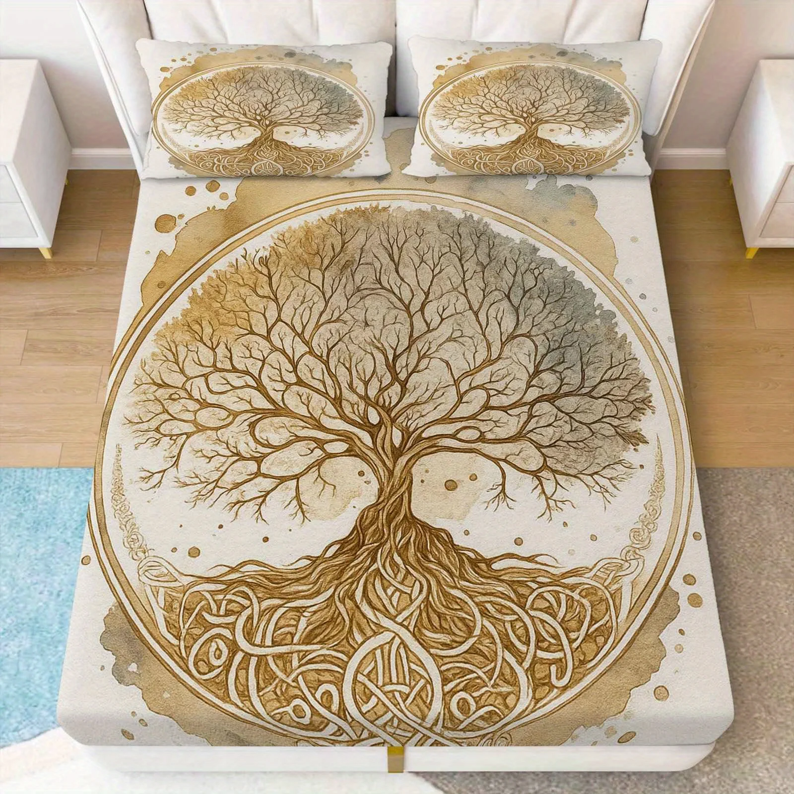 3-Piece Mattress Protector Set, Tree of Life Art Nature Bed Sheet Set, Thanksgiving Mattress Protector, Soft, Breathable Printed Fitted Sheet and Pillowcase, Mattress Cover, Stain-Resistant, Suitable for All Seasons, Machine Washable, Easy to Care For, Universal for Home Bedrooms, Essential for Dorms and Rentals, Master Bedroom and Guest Room Decoration, Dust-Proof and Stain-Resistant, High Elasticity, Fits Various Sizes