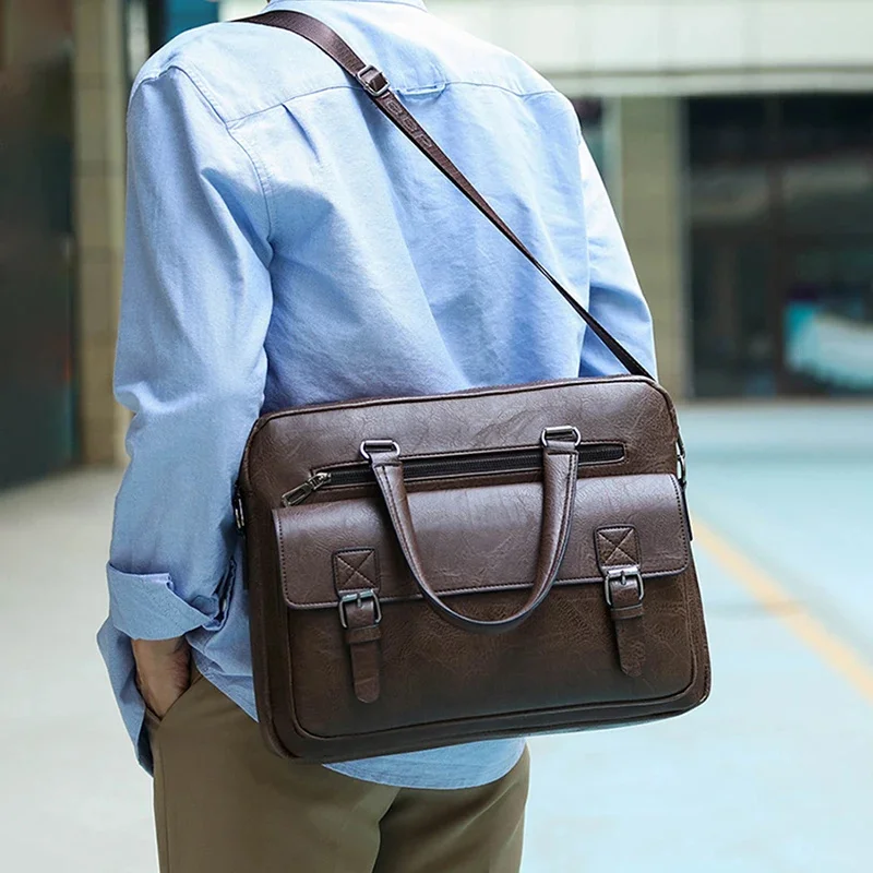 Briefcase Bag for Man PU Leather Vintage Handbags Computer Laptop 14 Shoulder Business Messenger Portfolio Crossbody Male