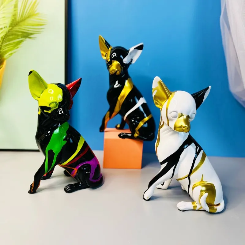 Creative Flowing Colors Chihuahua Statue Living Room Decoration Speckle Ink Resin Sculpture Craft Home Decoration Accessories