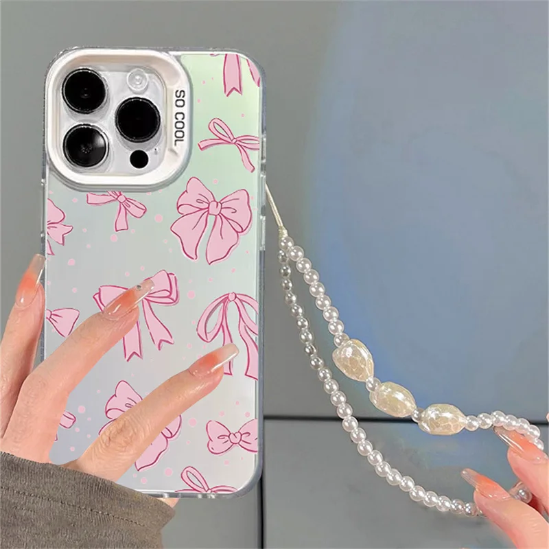 Korean Pink Bow Love Chain Case For Infinix Note 40 30 Pro Hot 50 40i 30 Play Smart 7 8 9 Spark 20 Pro Cover Hard Shockp