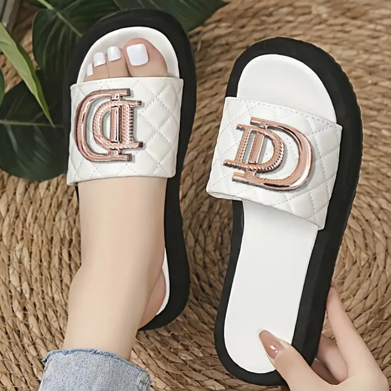 Women\'s Diamond Grid Luxury Decor Flat Sandals Charm Design Open-toe Vacation Casual Slides Party Elegant Office-Ladies Shoes