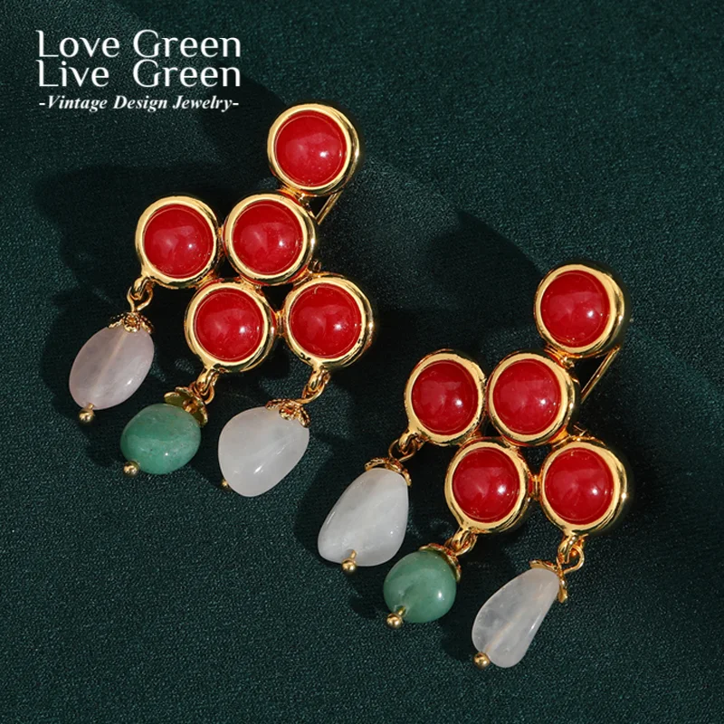

Vintage Red Glaze Water Drop Dangle Earring Charm Jewelry Green Jade Gold Color Luxury Quality Designer Gifts Bridal 2025 New