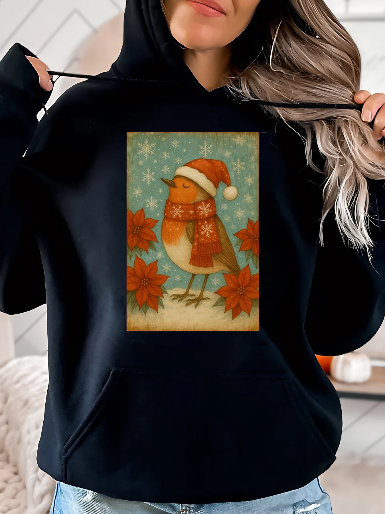

Рождественская праздничная толстовка с принтом птицы Робина, женская повседневная зимняя одежда, черный, больших размеров