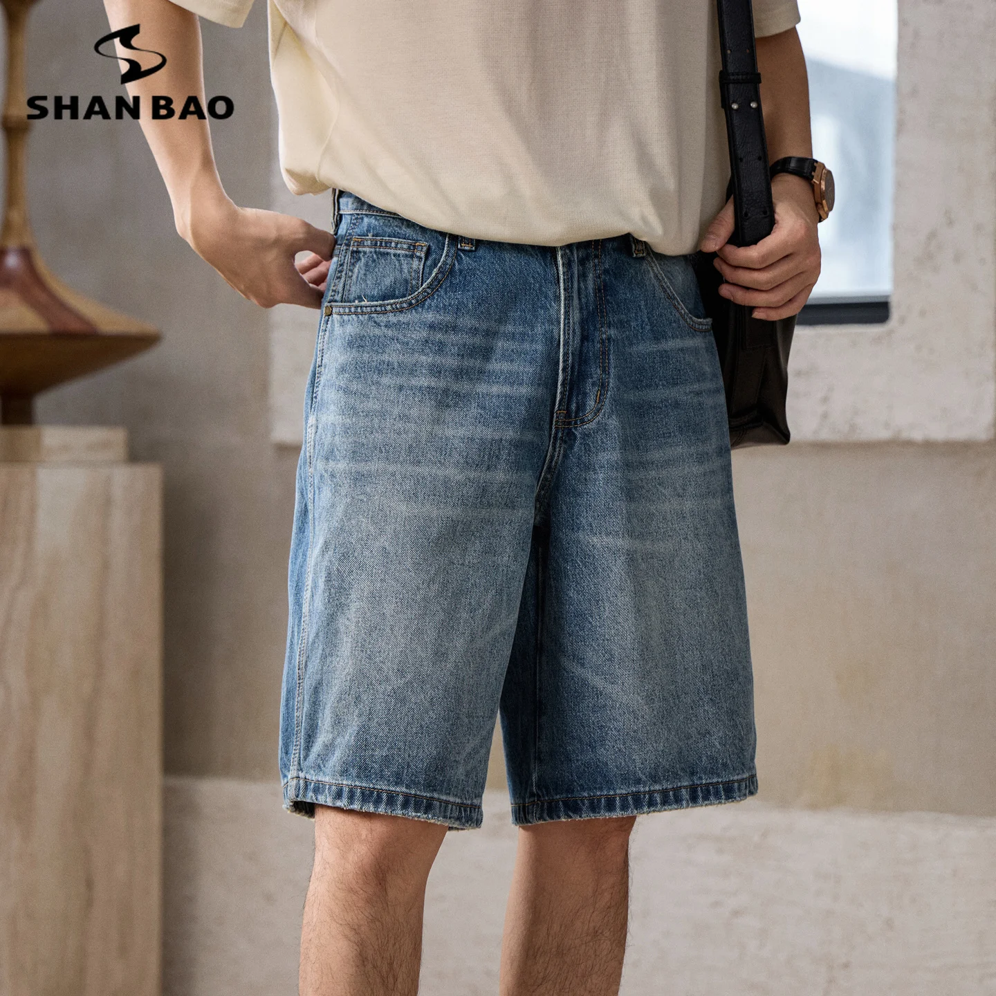

SHAN BAO 2026 summer brand 100% cotton men's baggy high street denim shorts American retro fashionable straight loose jeans