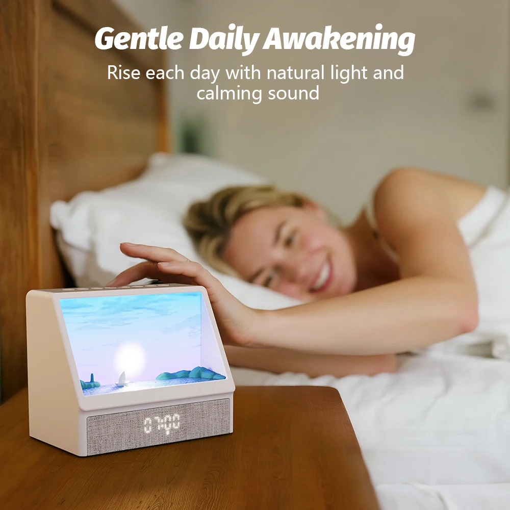 ลำโพงบลูทูธ Sunrise Wake Up Light พร้อมรีโมทคอนโทรล ปรับความสว่างได้ นาฬิกา LED เสียง White Noise ไฟกลางคืนสำหรับห้องนอน ของขวัญสำหรับเด็ก