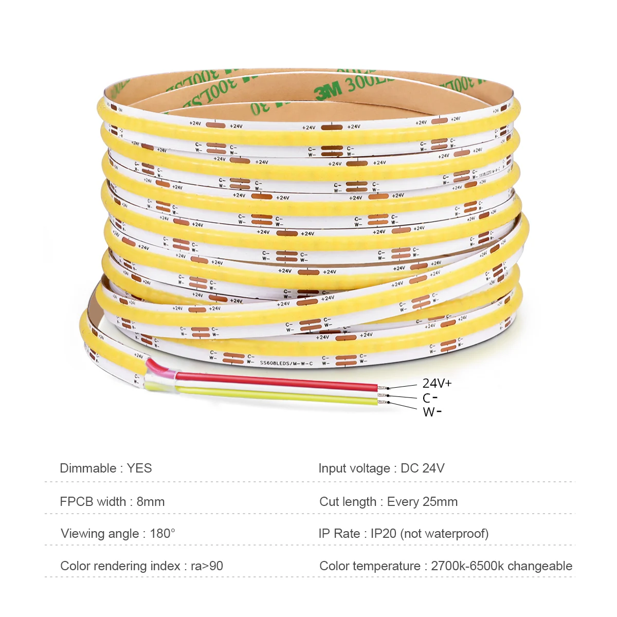 DC12V 24V CCT COB LED Strip Light 608LEDs/M Linear Dimmable LED Tape Bar 2700K To 6500K Wymienna lampa do dekoracji szafki i pokoju