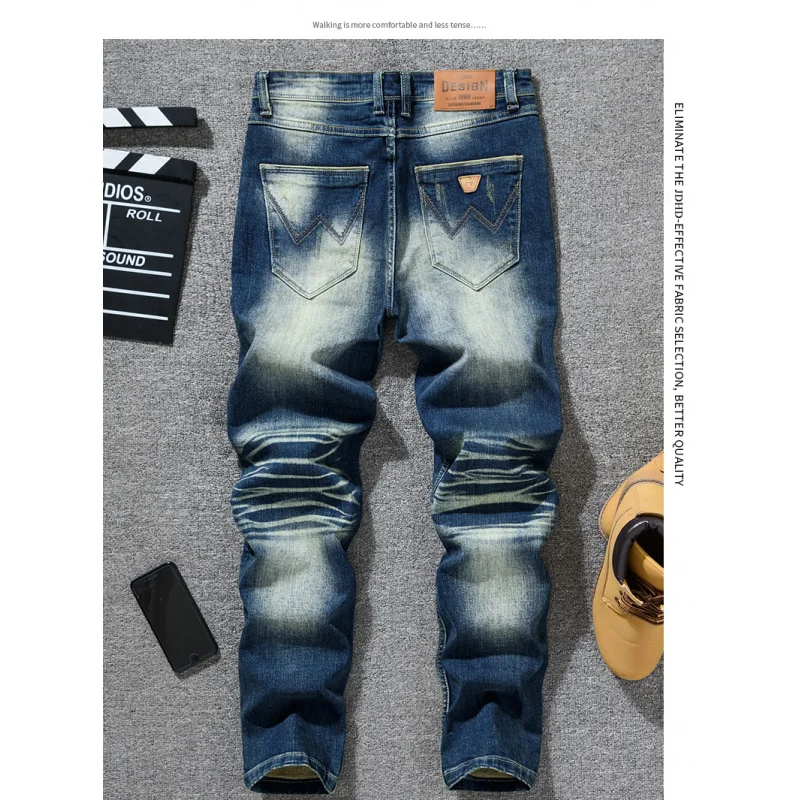 Korean style trendy street blue denim pants for men, retro and nostalgic, heavy weight slim fit straight leg distressed jeans