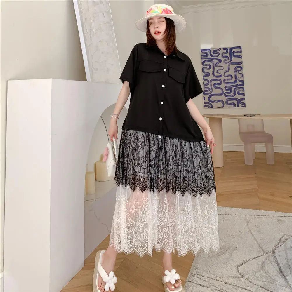 レディース ブラック レース プリーツ プラスサイズ Tシャツワンピース 新作 ラペル ハーフスリーブ ルーズフィット ファッション トレンド 春夏 ロングワンピース