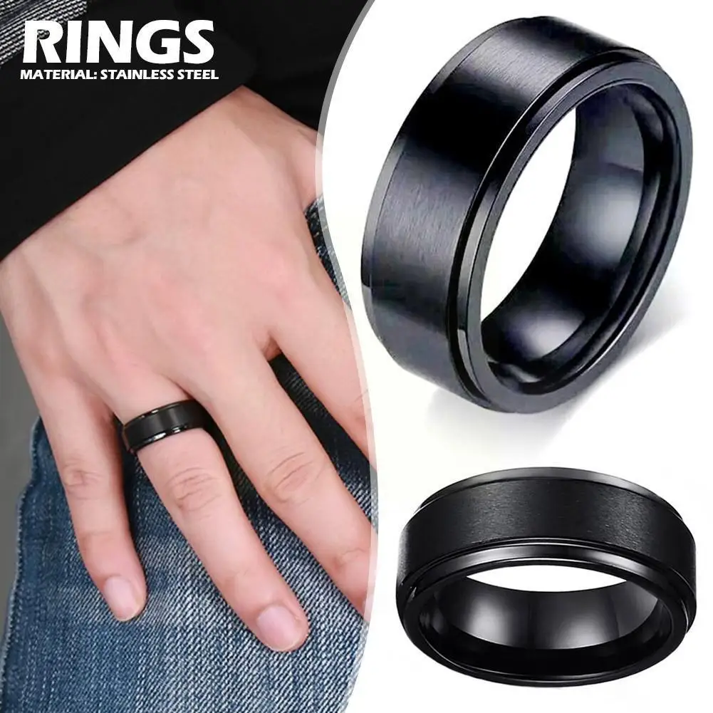 Fashion Rotatable Men's Anxiety Fidget Black Stainless Anti Stress Rings Steel 8 Accessories Size Jewelry Spinner L8X5