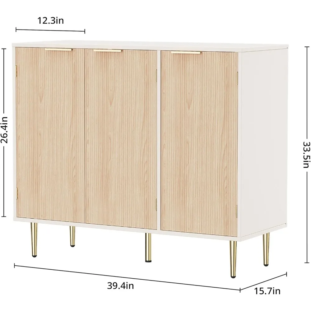 خزانة بوفيه حديثة مخددة بثلاثة أبواب مع أرفف قابلة للتعديل ومقابض ذهبية لتخزين المطبخ