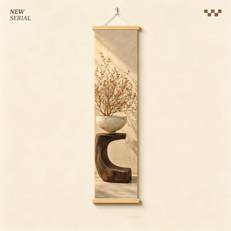 Wall Art Tumbleweed and Fescue Grass, Natural Wabi-Sabi Botanical Silver Shimmer Canvas Hanging Scroll for Boutique Hotel
