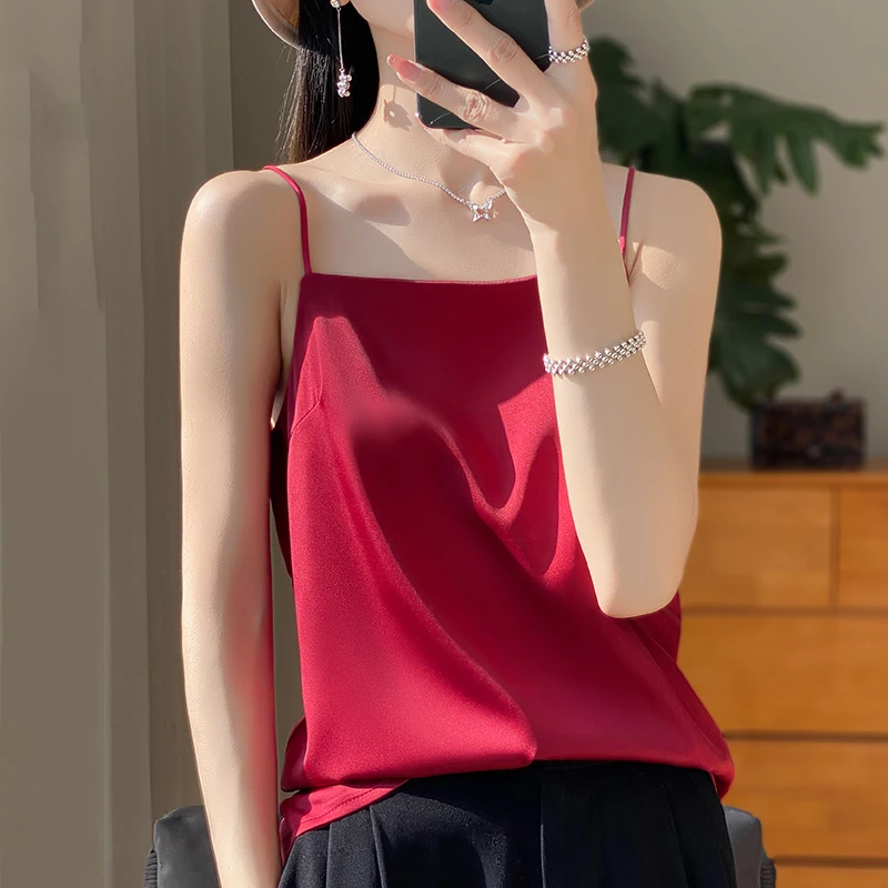 Women\'s Sexy Top Halter Low Cut Underwear Basic Sleeveless Satin Silk Vest Sexy Comfortable Silky Lingerie Halter Top-D19
