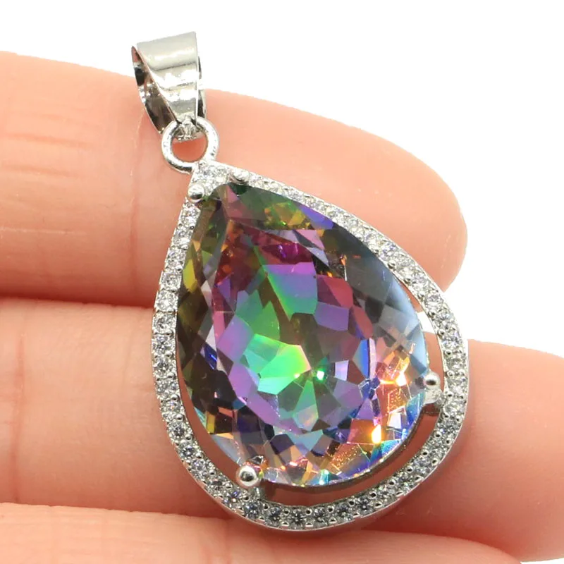 

32x19mm SheCrown 15g Hot Sell Water Drop Fire Rainbow Mystic Topaz White CZ Woman's Daily Wear Silver Pendant