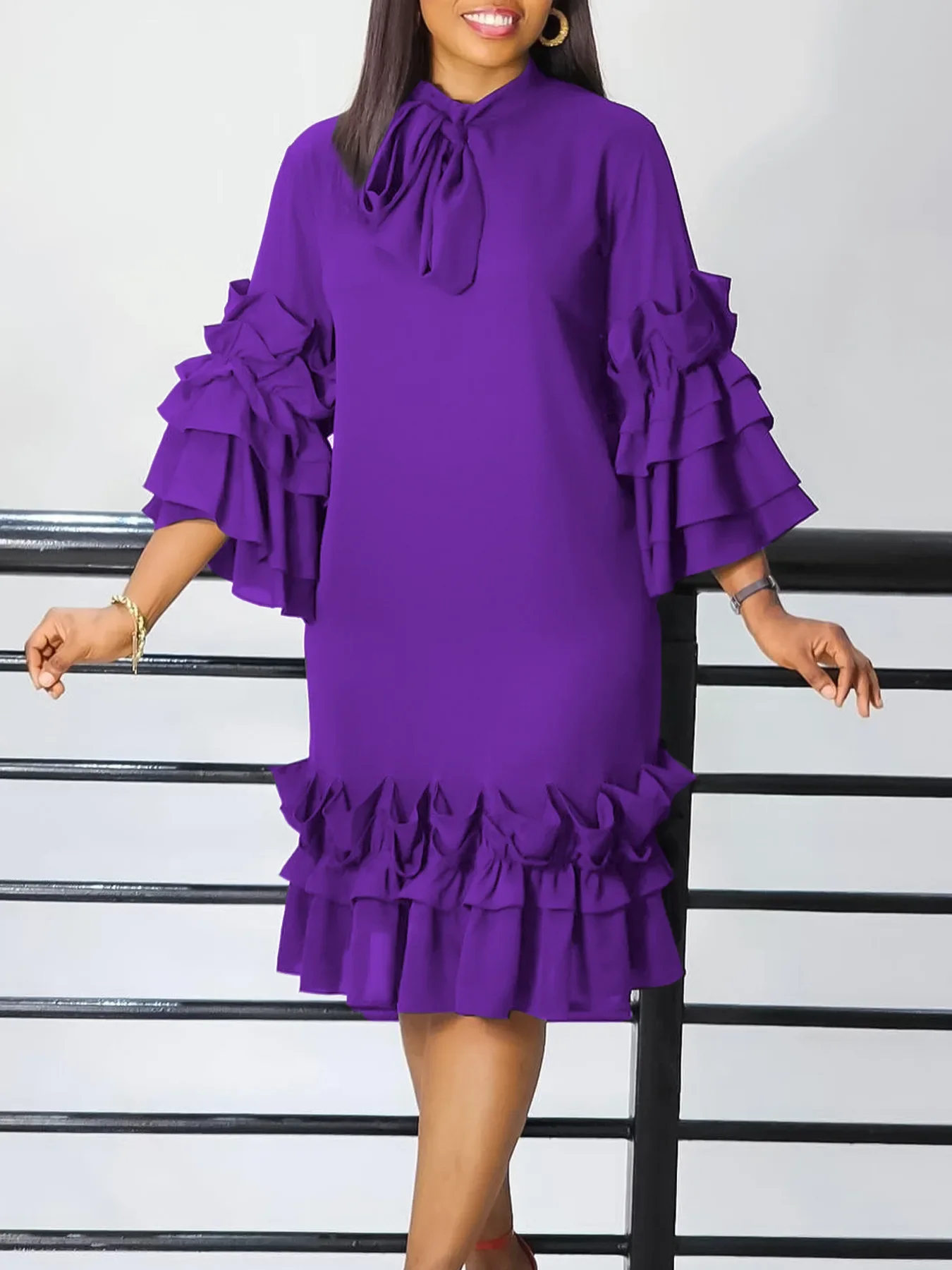 

Church Dressese for Woman 2024 Plus Size Elegant Purple Dress Flanged Flared Sleeve Shirt Pleated Ruffles Bow Collar