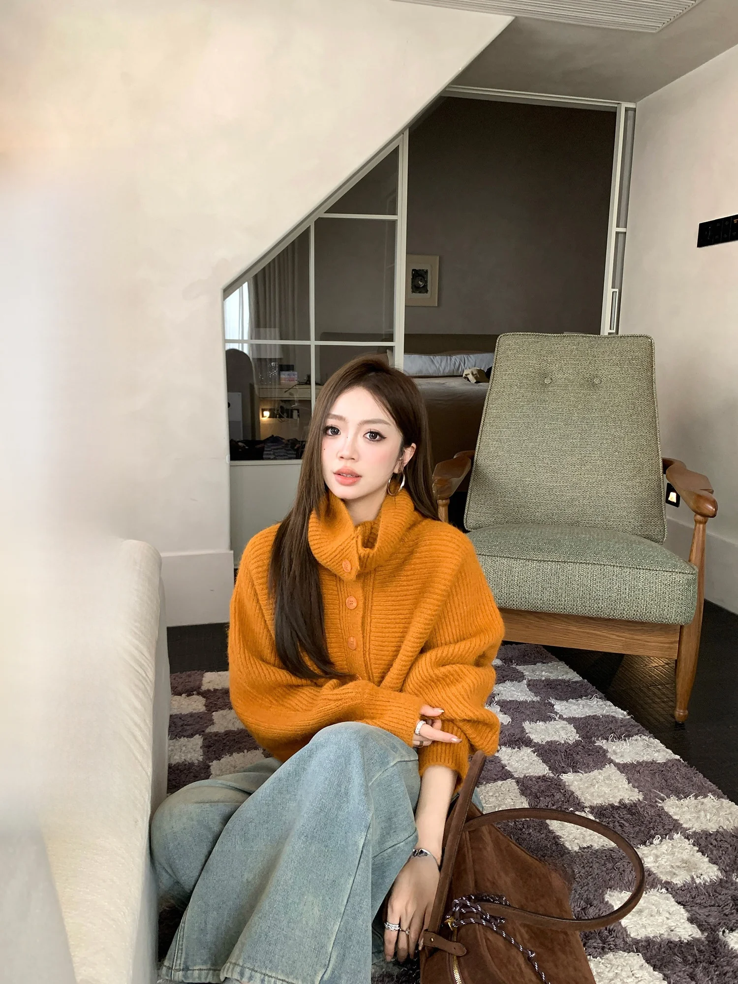 

Thi Knitted Sweater Women's Loose Fit Winter Sle Comfortable Warm High Collar Long Sve Color Faionable Top