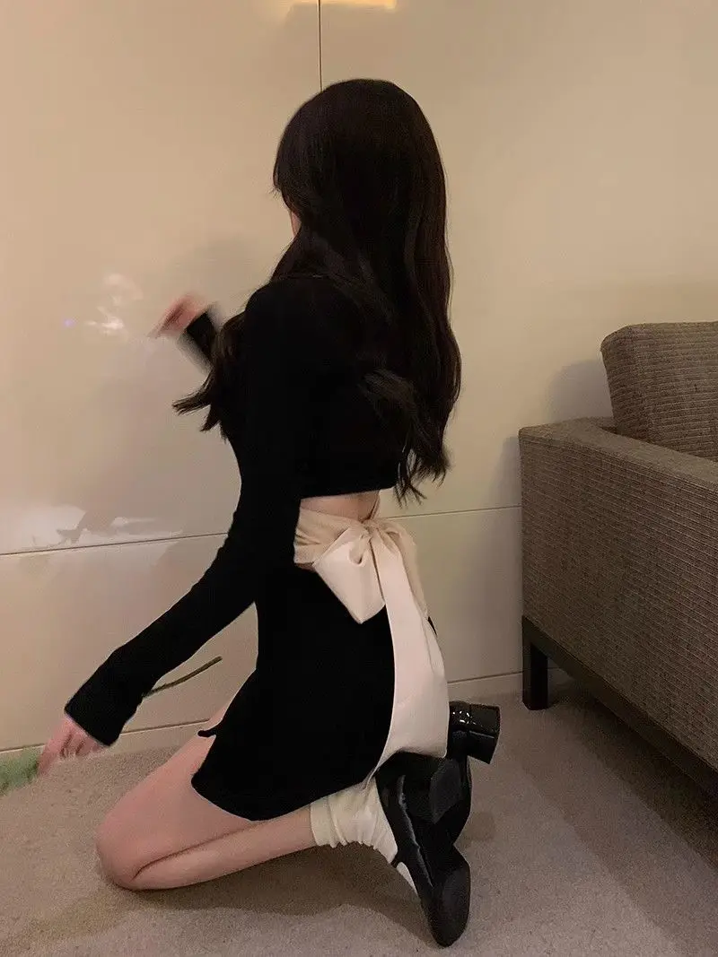 Off Shoulder Woman Long Sleeve Dress Black Short Bow Birthday Mini Dresses for Women Autumn and Winter New in Elegant Beautiful
