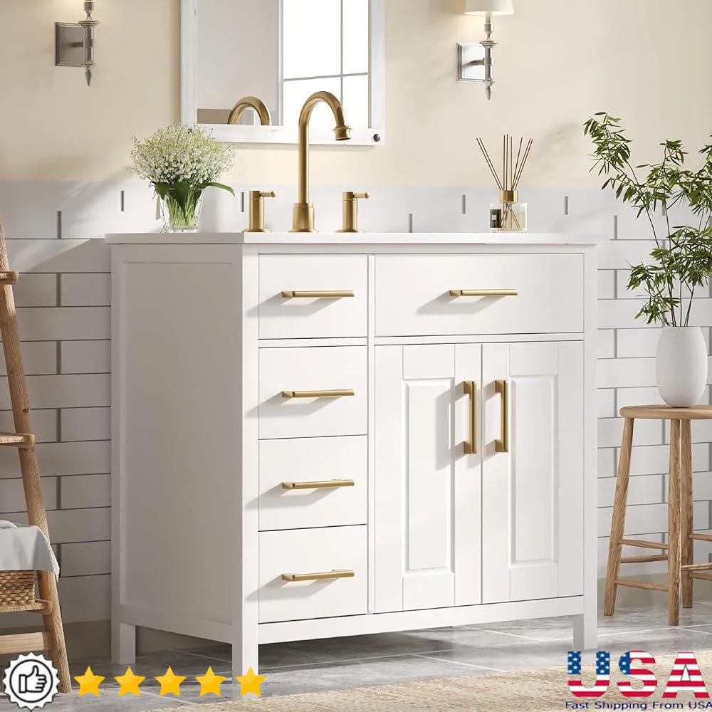 Modern 36 Inch Bathroom Vanity Single Sink Combo Undermount Cabinet with Soft Close Doors and Drawers Moisture Resistant