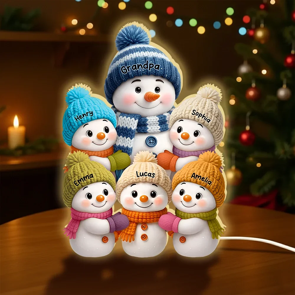 رجل الثلج الجد مع صندوق إضاءة أكريليك للأطفال مشهد عائلي متوهج مع أضواء ليلية شتوية مريحة هدية عيد الميلاد للأجداد