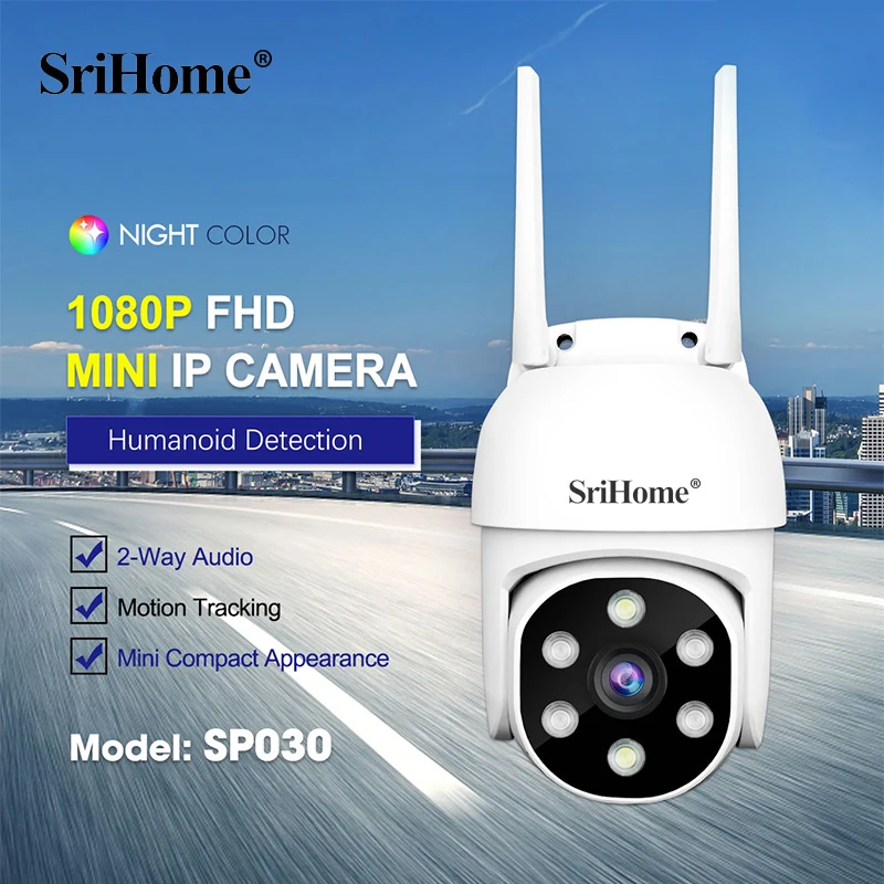 Srihome SP030 2-мегапиксельная PTZ Wi-Fi IP-камера 350 ° +90 °   3-кратный зум AI Обнаружение человека Беспроводные камеры видеонаблюдения Защитная камера безопасности