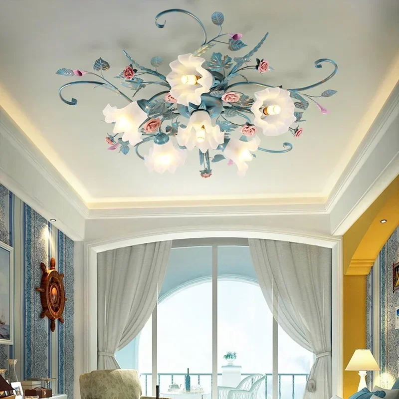 Modern Pastoral Style Warm Romantic Ceiling Lamp Rose Flower Grass Light for Home Decor Bedroom Living Room Attic LED Light