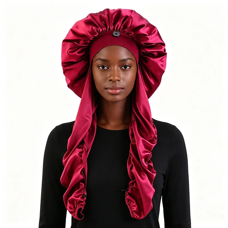 New Women's Bonnet Satin Sleeping Cap Long Tail Braid Hair Night Sleep Cap Head Cover Bonnets Shower Cap For Sauna Bathing