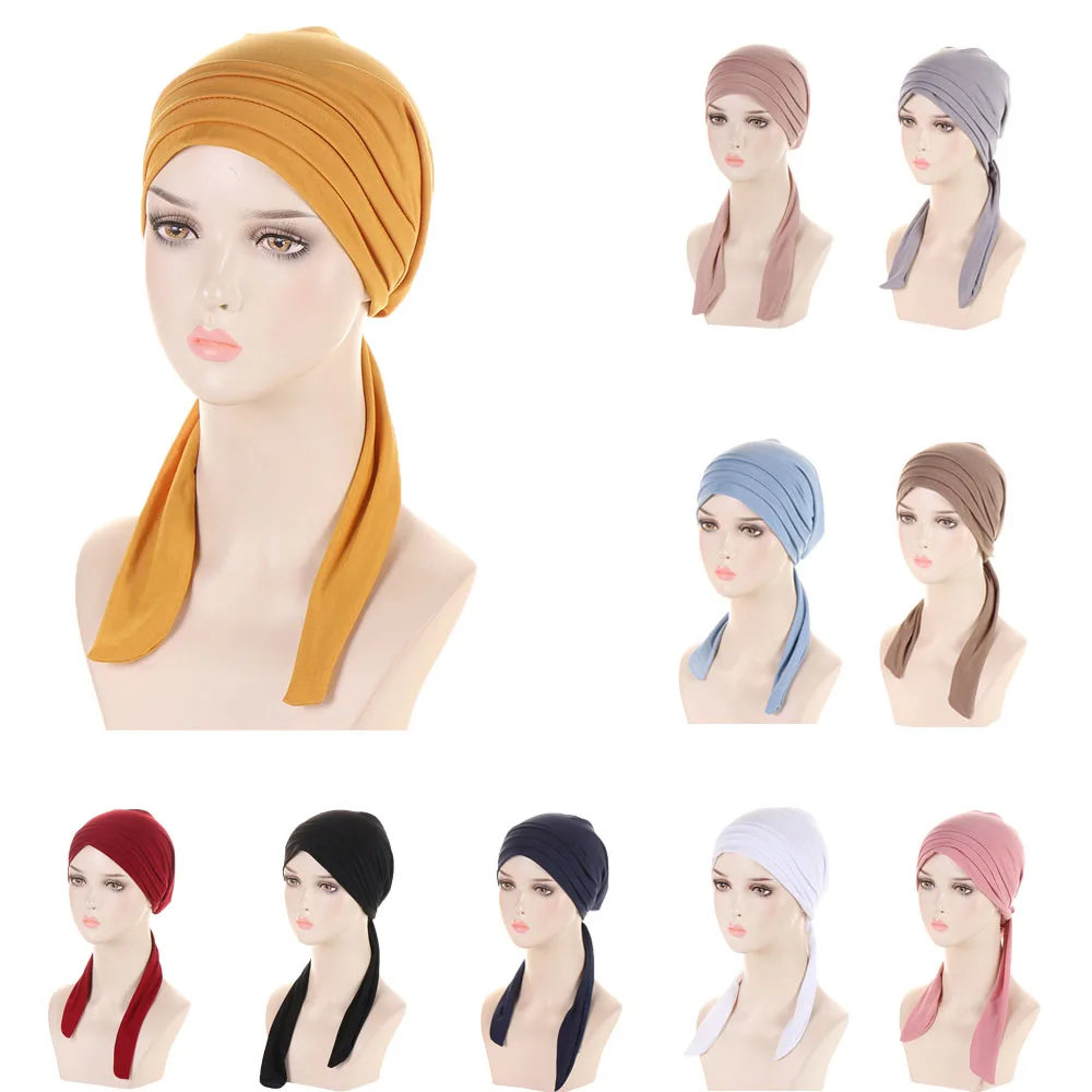 

Women Pleated Chemo Cap Muslim Inner Hijab Hat Pre-Tied Turban Long Tail Headscarf Bonnet Bandanas Hair Loss Wrap Turbante Mujer