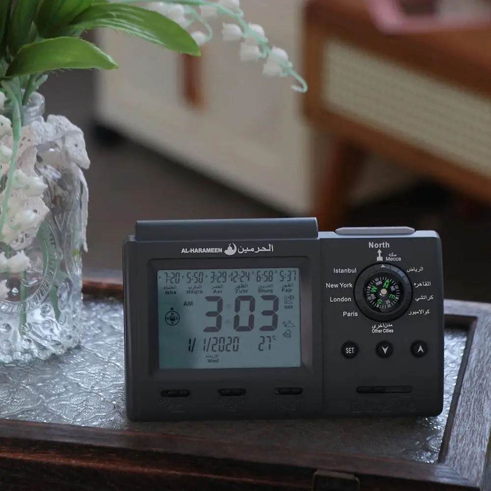 Multi-purpose Muslim Table Clock Hijir Calendar with Adhan Alarm Tabletop Muslim Clock Temp Display Easy Setting Prayer Alarms