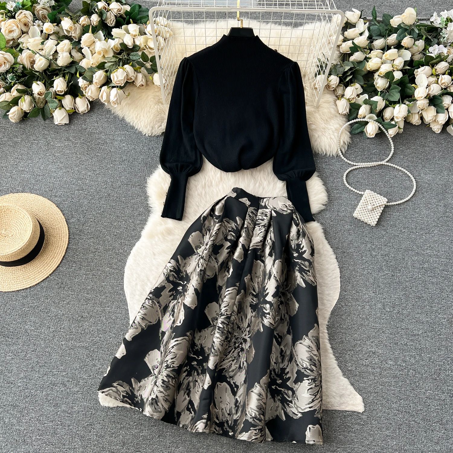 Chic Women Two-Piece Sets Knit Long Sleeve Half High Collar Top and Basics Jacquard Skirt Korean High Street Vintage Clothing