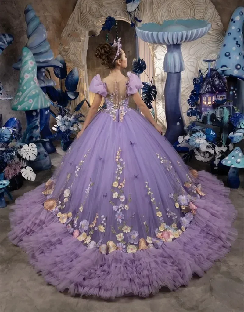 

Luxury Lavender Flower Girl Dresses for Wedding Floral Appliques Floor Length Girl Kids Birthday Party First Holy Communion Gown